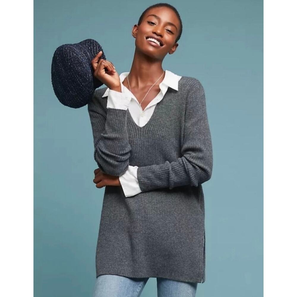 ✨2/$30✨ Anthropologie Ett Twa Amrita Gray Ribbed Notch Neck Tunic Sweater Medium - Picture 2 of 8